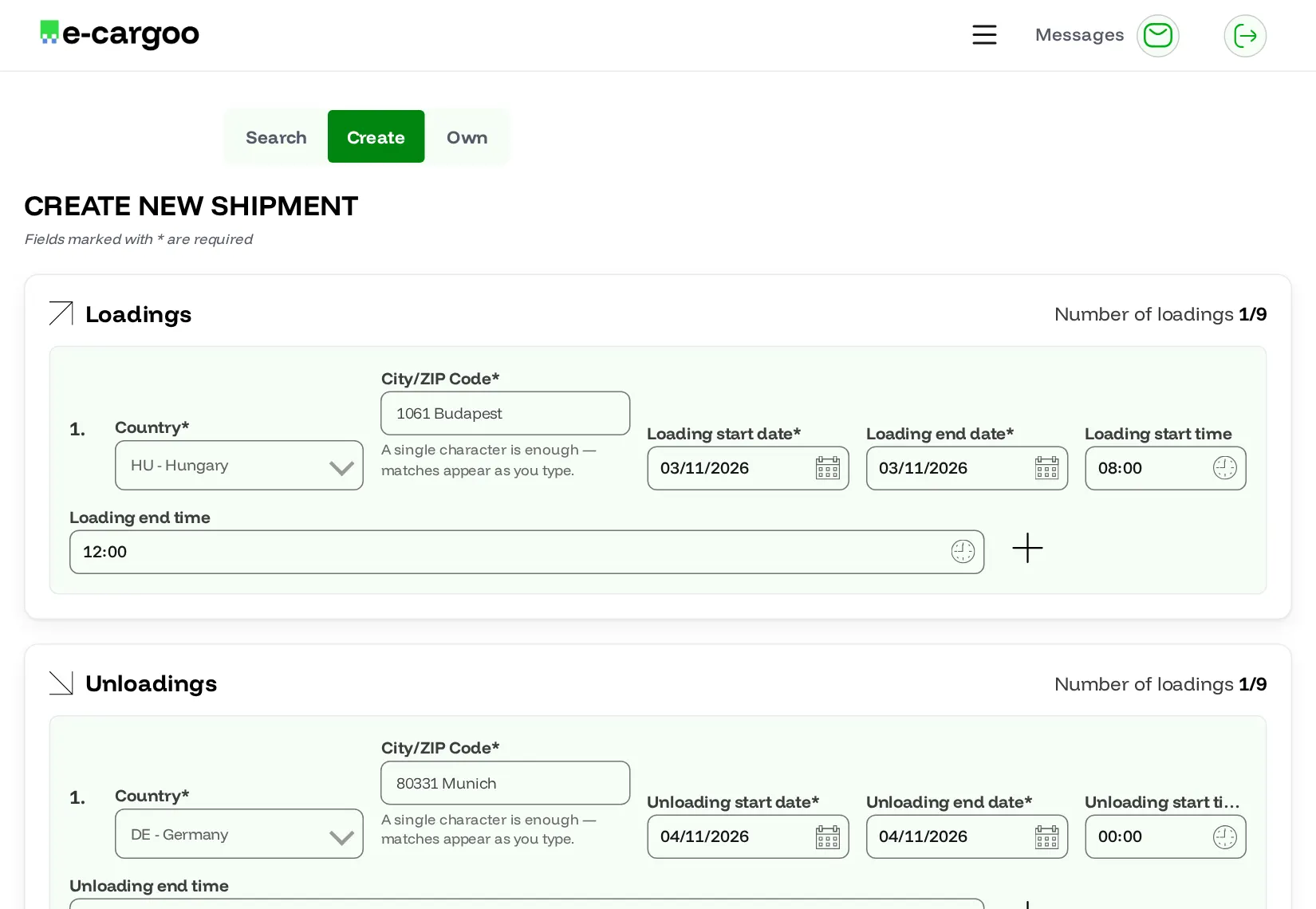 Post a load form in the e-cargoo app: loading and unloading locations, dates and time windows.