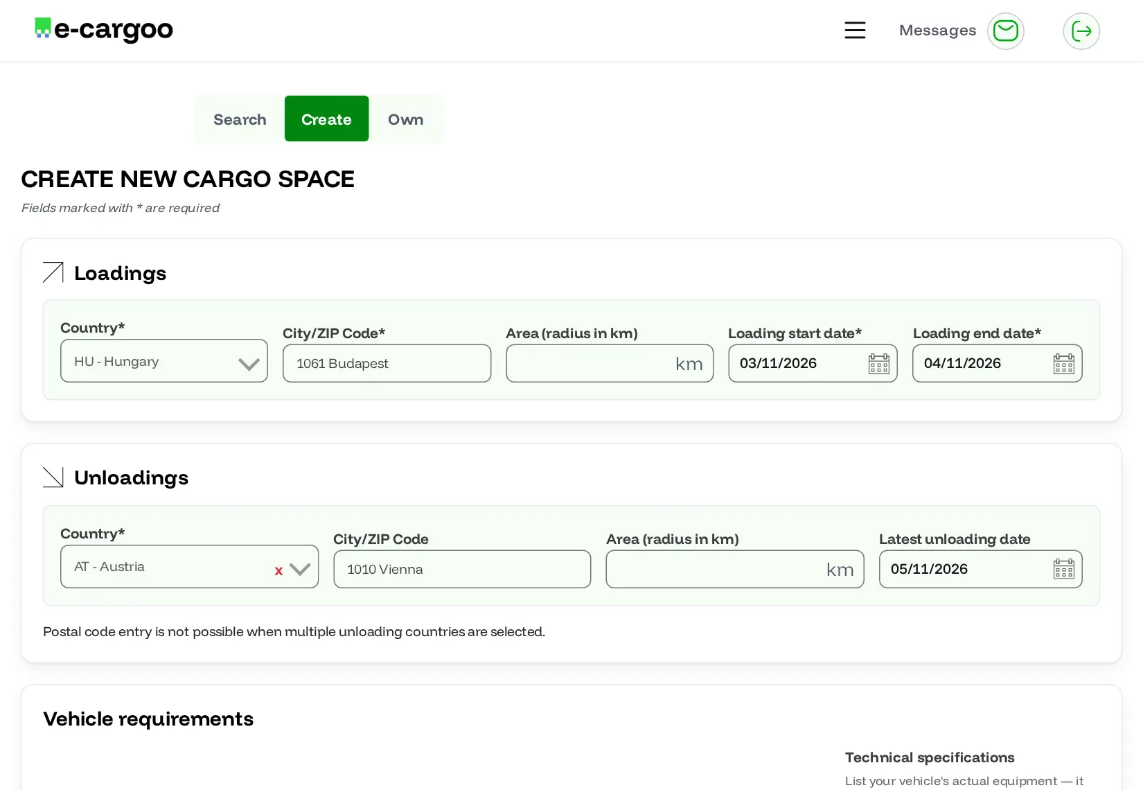 Formulář pro nabídku volné kapacity vozidla v aplikaci e-cargoo: zadání místa a termínu nakládky a vykládky i údajů o vozidle.