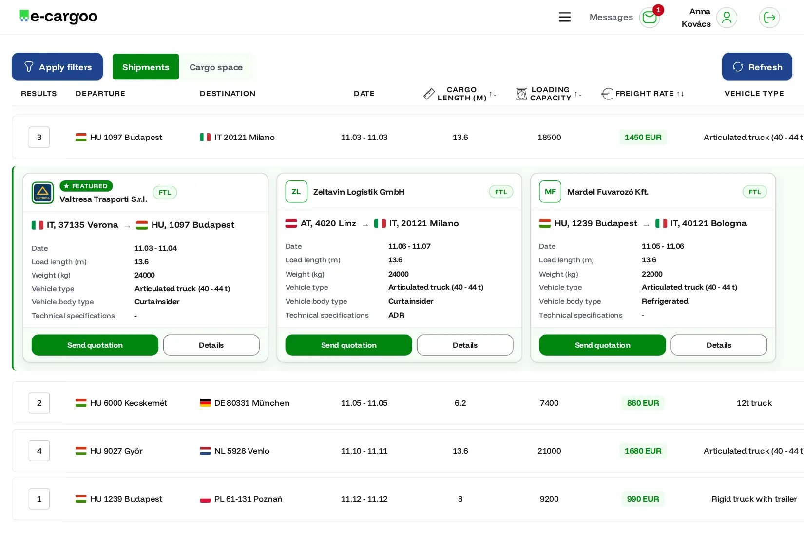 Zobrazení Doporučení v aplikaci e-cargoo: přepravní zakázka automaticky spárovaná se zveřejněnou volnou kapacitou vozidla.
