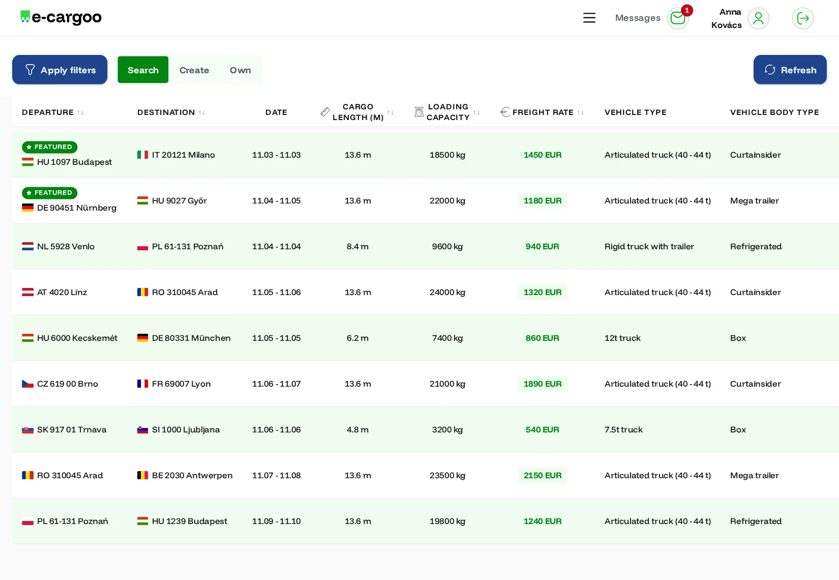 Vyhledávání nákladů v aplikaci e-cargoo: seznam nabídek s místem nakládky a vykládky, datem, počtem ložných metrů a hmotností nákladu.