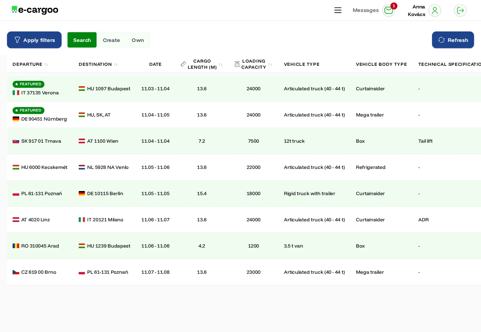 Capacity search in the e-cargoo app: available truck capacity listings showing route, date and vehicle type.
